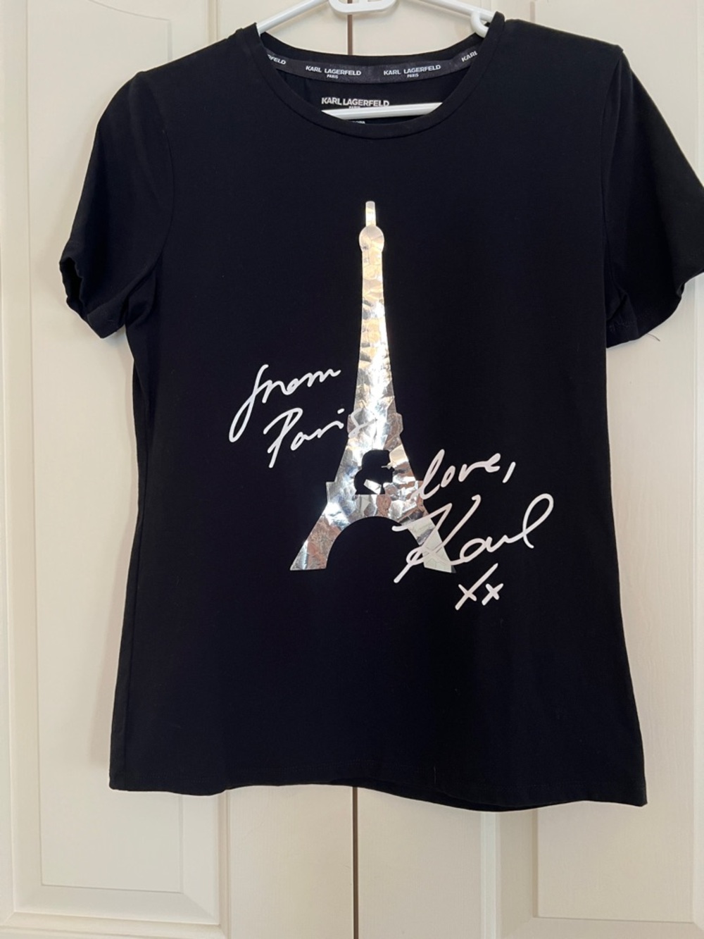 Karl Lagerfeld Black Short-Sleeve Tee with Silver Eiffel Tower Motif
Size XS